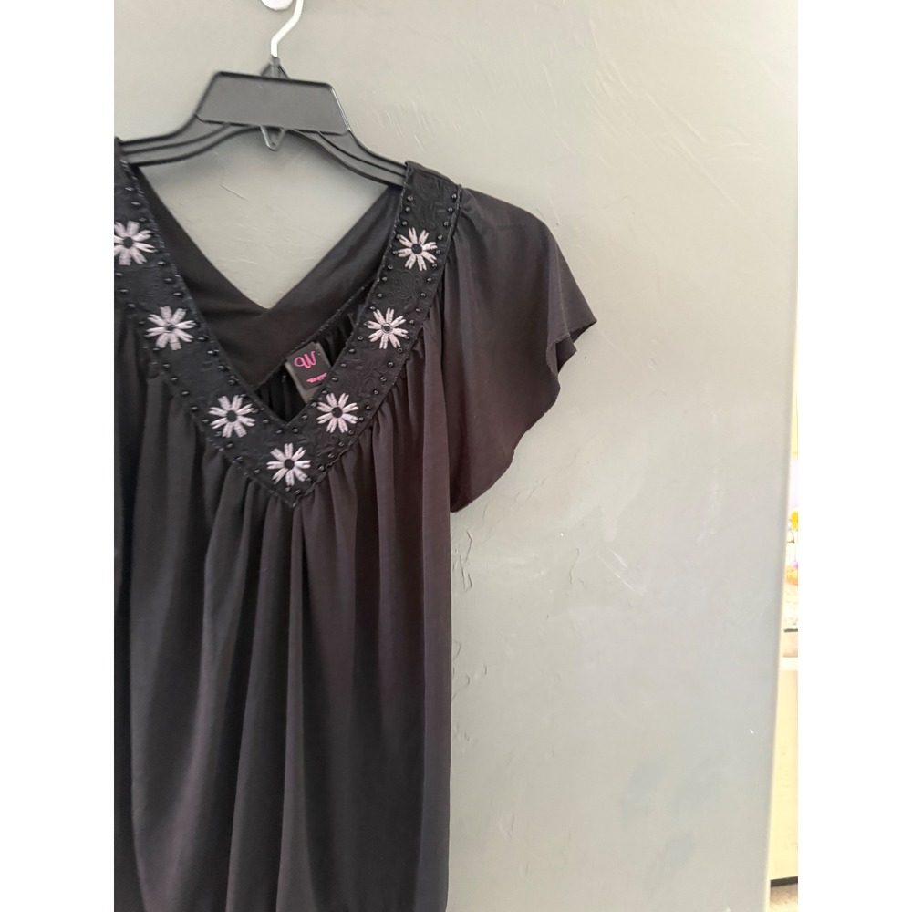 Wrapper Vintage Y2k Black Flutter Sleeve V-Neck Embroidered Beaded Blouse‎ Top M